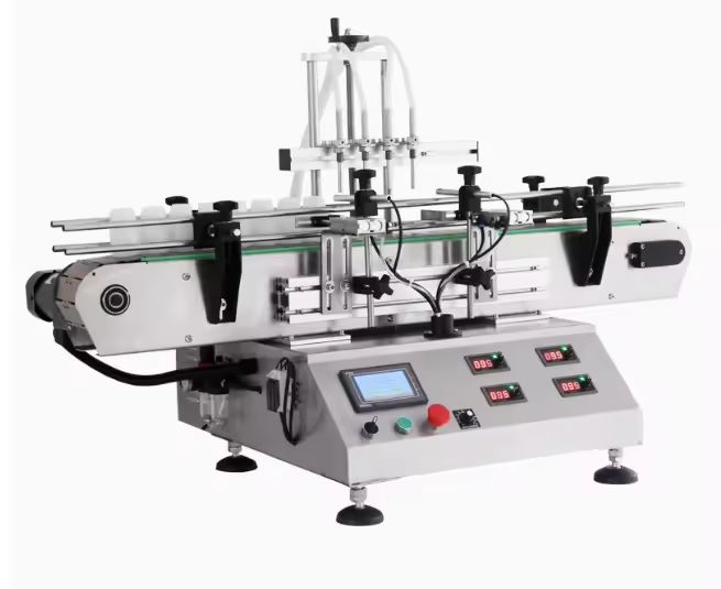 Máquina de Enchimento de Líquidos Automática de Mesa Pequena para Óleo Essencial, Perfume, Enchimento, Tampagem e Rotulagem de Garrafas com 4 Cabeças