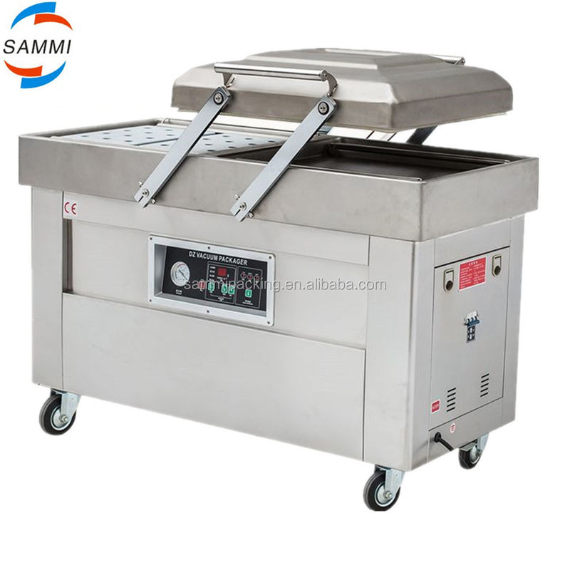Máquina de embalagem a vácuo de câmara dupla multifunção para bacon de vaca frango tofu amendoim alimentos do mar