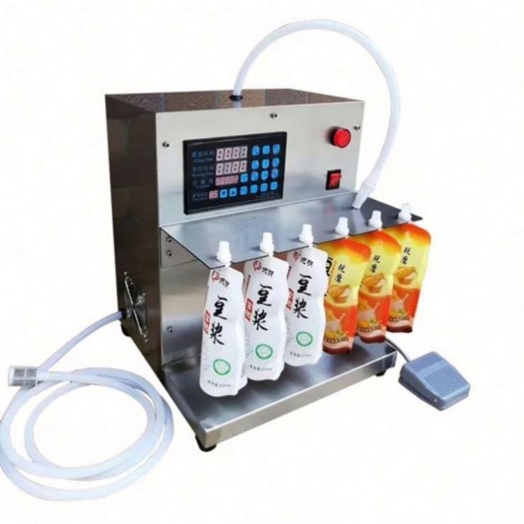 Máquina de Embalagem e Enchimento de Líquidos em Saco Doypack com Bico Semi Automática para Suco, Leite de Soja