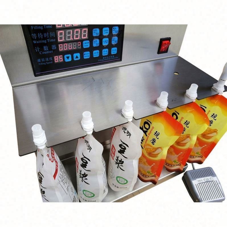 Máquina de Embalagem e Enchimento de Líquidos em Saco Doypack com Bico Semi Automática para Suco, Leite de Soja